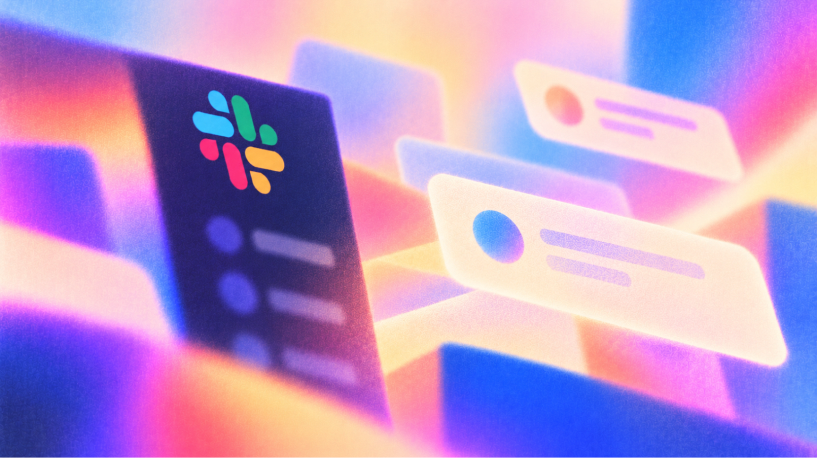 Soft-focus illustration of a dark Slack sidebar with the Slack logo and floating message cards over pink, blue, orange and purple gradients