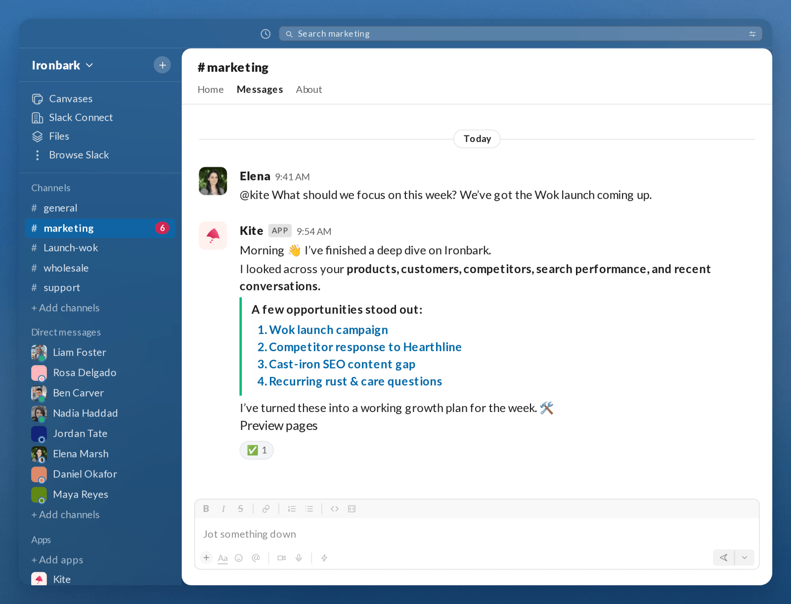 Kite replying to an @mention in a Slack channel with a weekly growth plan