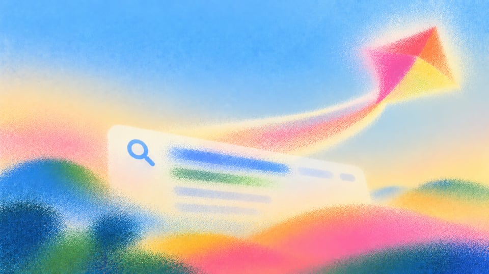 Illustration of a grainy pink, orange and yellow kite trailing a ribbon above a glowing search-result card in a soft blue, pink and yellow sky