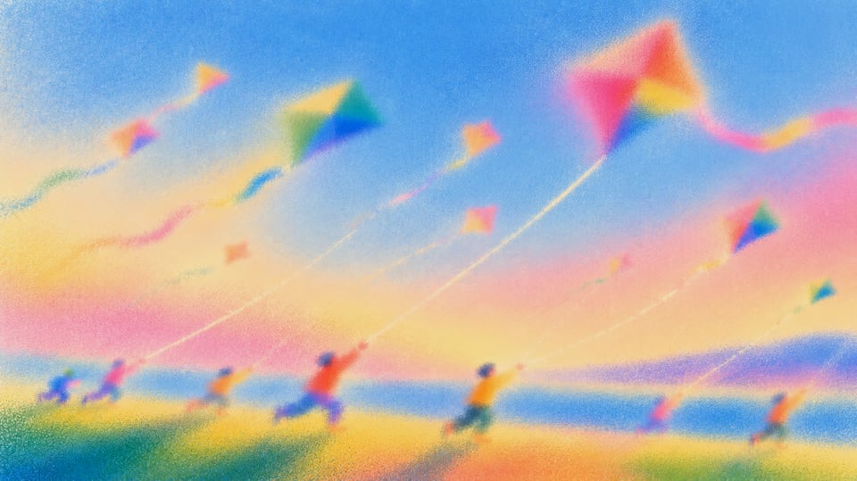 Illustration of people running with colorful kites along a shore in a soft blue, pink and yellow landscape