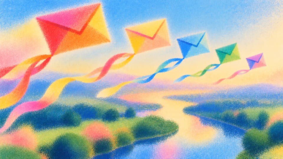 Illustration of envelope-shaped kites trailing colorful ribbons over a river landscape