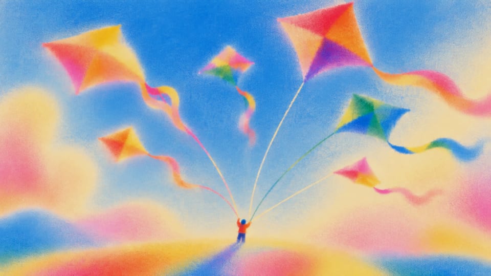Illustration of a small person holding strings to several colorful kites in a soft blue, pink and yellow sky