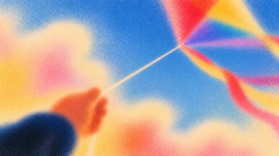 Illustration of a hand holding a kite string toward a large rainbow kite among soft clouds in a blue, orange and pink sky