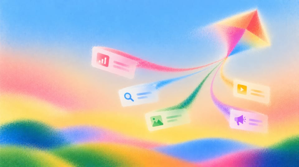 Colorful illustration of a kite with ribbons trailing to small content cards in a soft blue, pink and yellow sky