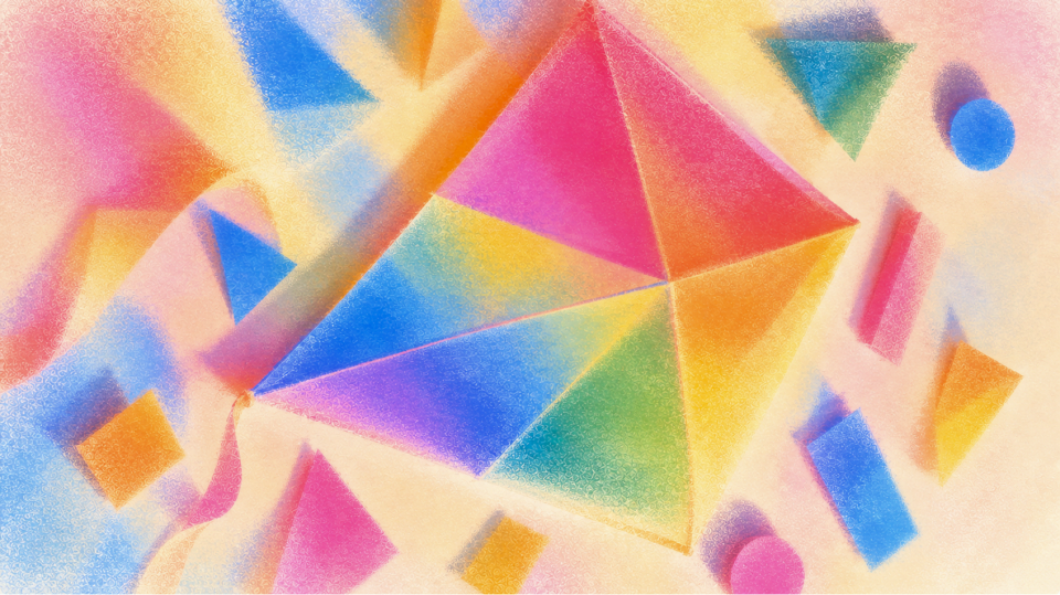 Textured pastel illustration of a large multicolored geometric kite in pink, orange, yellow, green, blue and purple, surrounded by smaller colorful shapes on a cream background