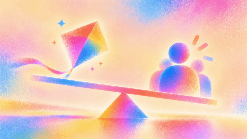 AI marketing agent vs. hiring your first marketer: a rainbow kite on one end of a seesaw balanced against a group of people on the other, in soft pink, blue, orange and yellow gradients