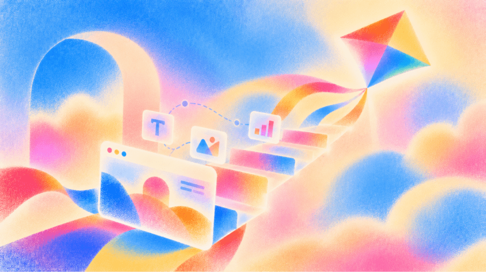 Illustration of a rainbow kite flying above a staircase of floating website, text, image and chart blocks climbing through soft blue, pink and yellow clouds