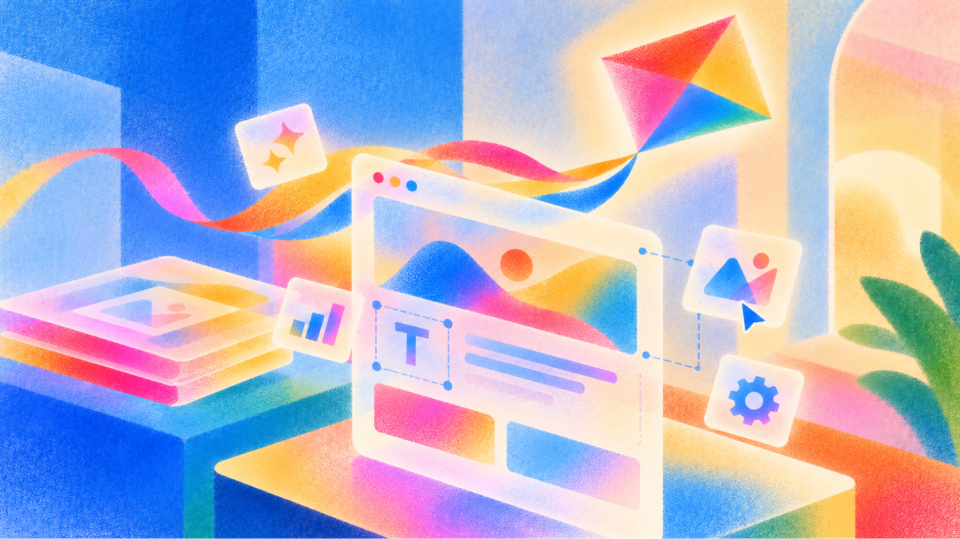 Illustration of a rainbow kite trailing a ribbon over a translucent landing-page layout with text, image, chart and settings tiles in blue, pink and yellow gradients