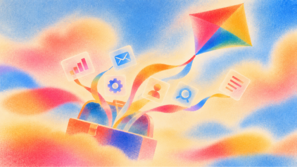 Illustration of a kite-shaped envelope opening to release chart, email, search, people, settings and document tiles above pink, blue and yellow ribbons