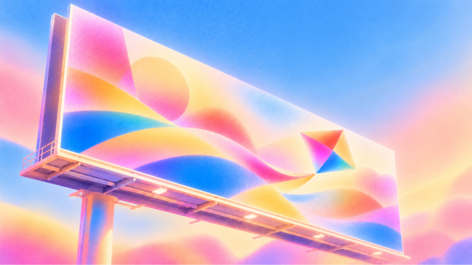 Illustration of a large billboard against a blue sky, its face a swirl of pink, yellow and blue gradient waves with a rainbow kite flying across it