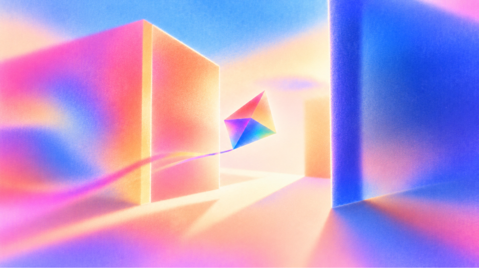 Soft-focus illustration of a rainbow kite trailing a ribbon between glowing pink, orange and blue walls, passing through an open doorway of light