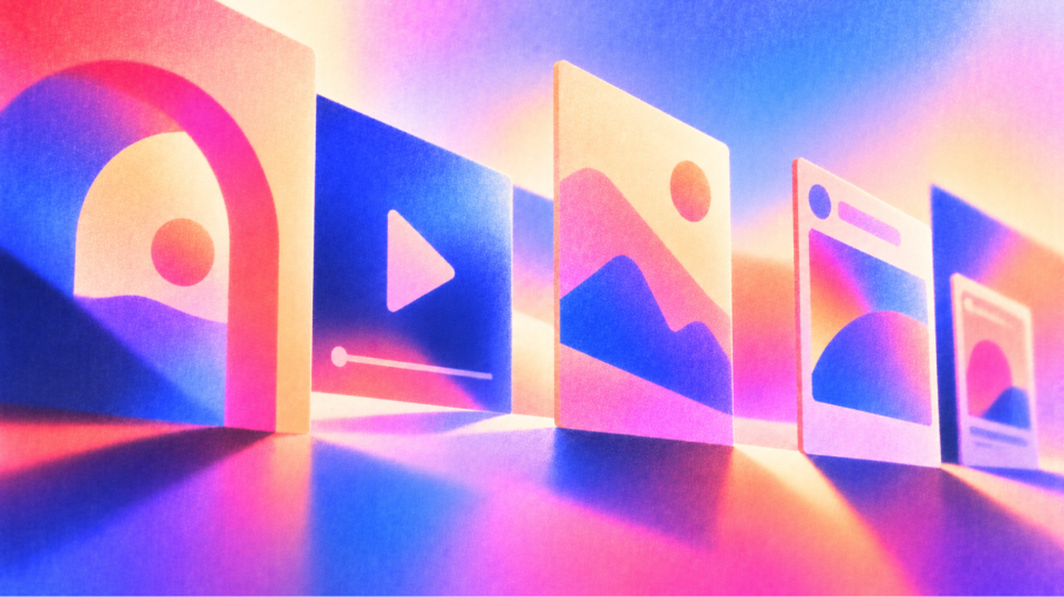 Illustration of a row of tilted social ad cards in perspective, showing an arch with a sun, a video play button, a mountain landscape and social post frames, in pink, orange, yellow and blue gradients